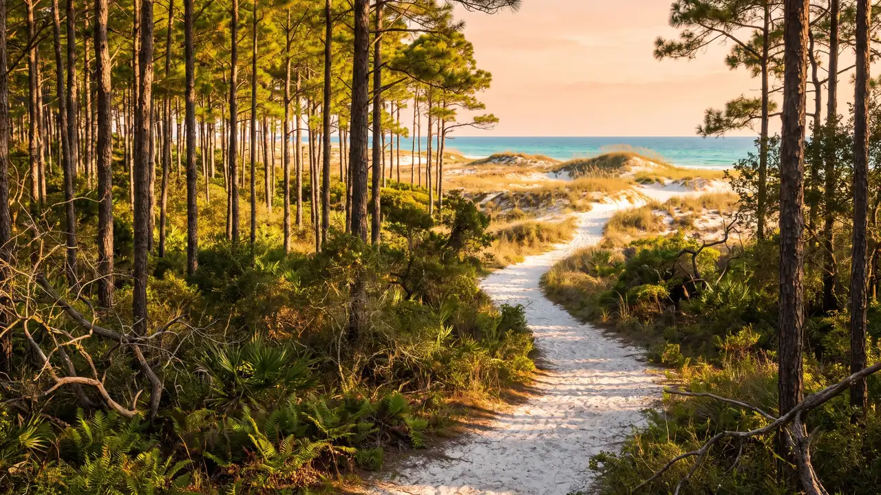 Sendero de arena clara que sale de un bosque de pinos bañado por el sol hacia las dunas y el océano en Le Porge, luz dorada
