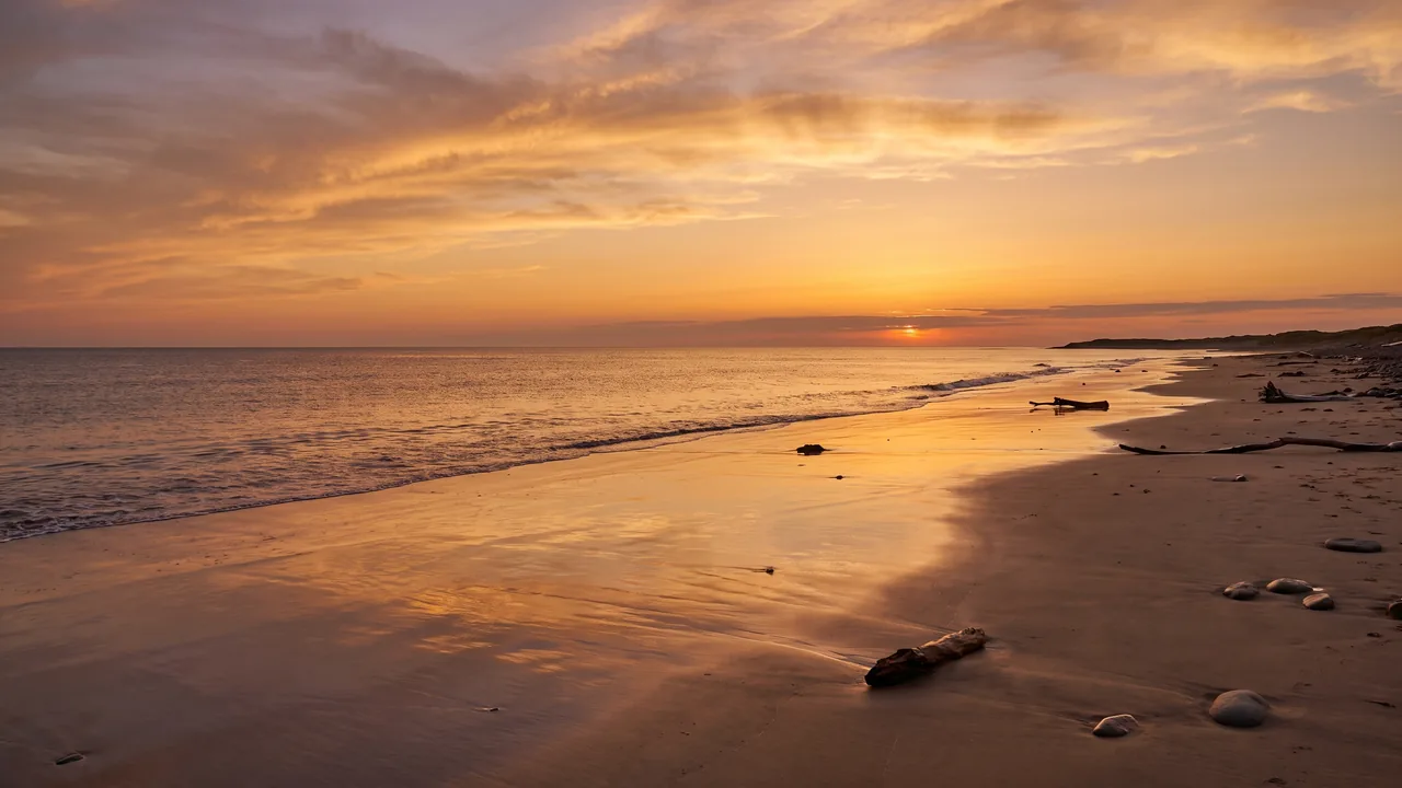 Puesta de sol anaranjada en el horizonte del Atlántico desde la playa virgen de Le Porge, con el agua en calma y la arena húmeda