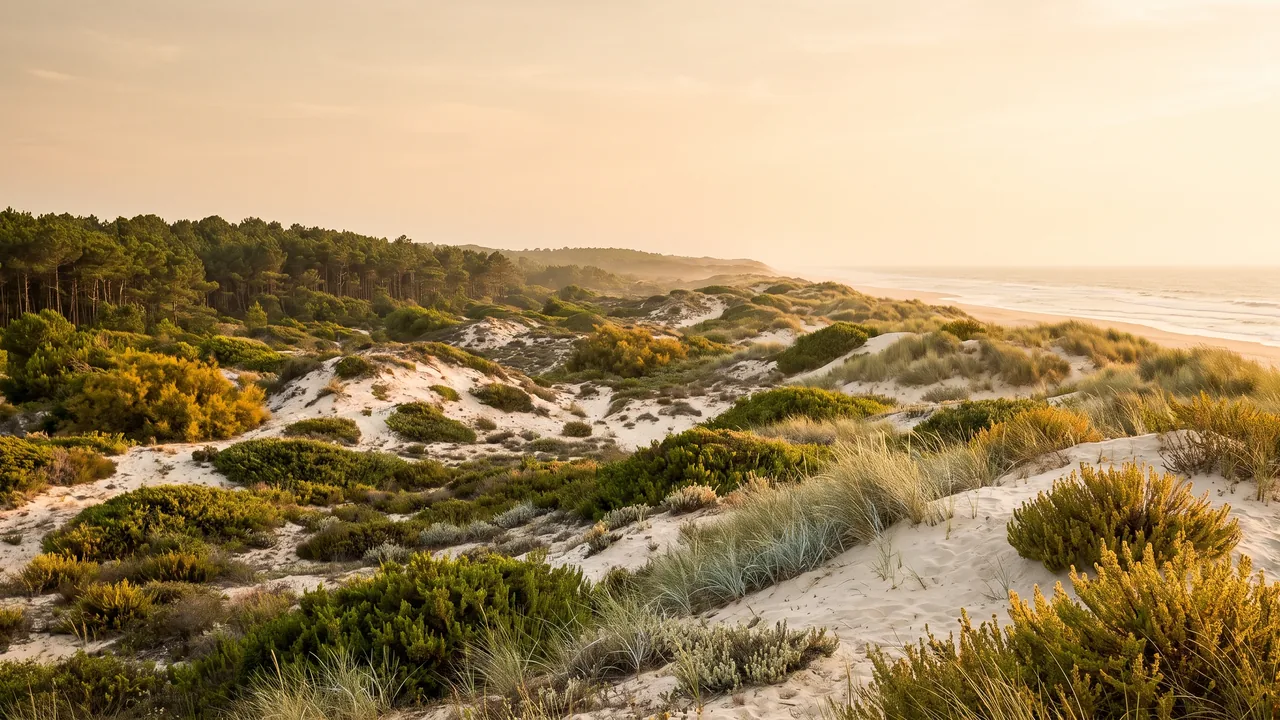 Landa situada detrás de las dunas, entre el bosque de pinos y la playa de Le Porge, con brezo bajo y barrón bajo una luz cálida