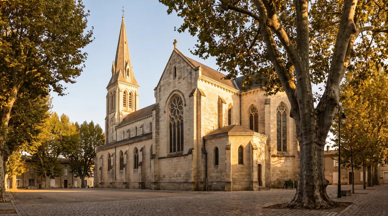 Iglesia neogótica de Saint-Seurin en Le Porge, con una esbelta aguja y ventanas en arco ojival, situada en una plaza arbolada