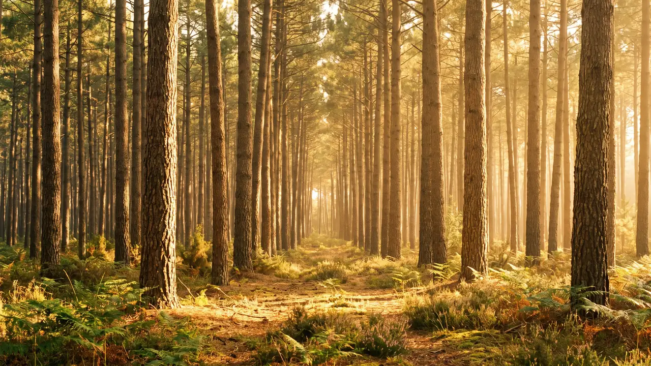El inmenso bosque de pinos marítimos de Le Porge bañado por una luz dorada, con troncos rectos que se extienden hasta donde alcanza la vista y un suelo cubierto de helechos