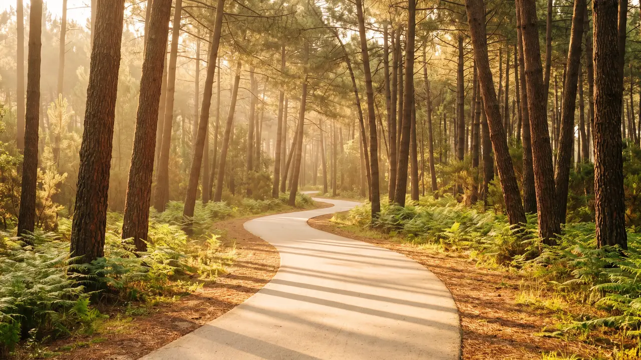 Un carril bici desierto de asfalto claro que serpentea por el bosque de pinos marítimos de Le Porge, con largas sombras y una luz cálida