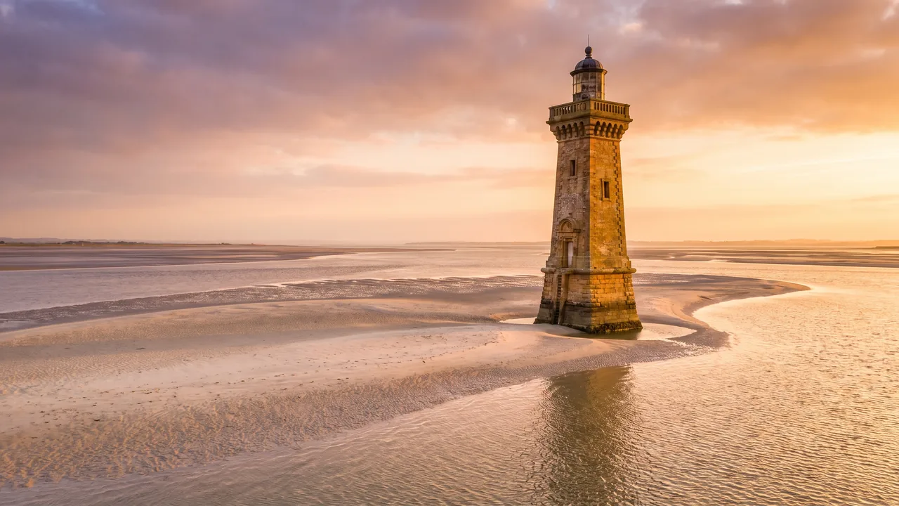 Faro de piedra tallada de Cordouan que se eleva sobre un banco de arena clara en las aguas resplandecientes del estuario