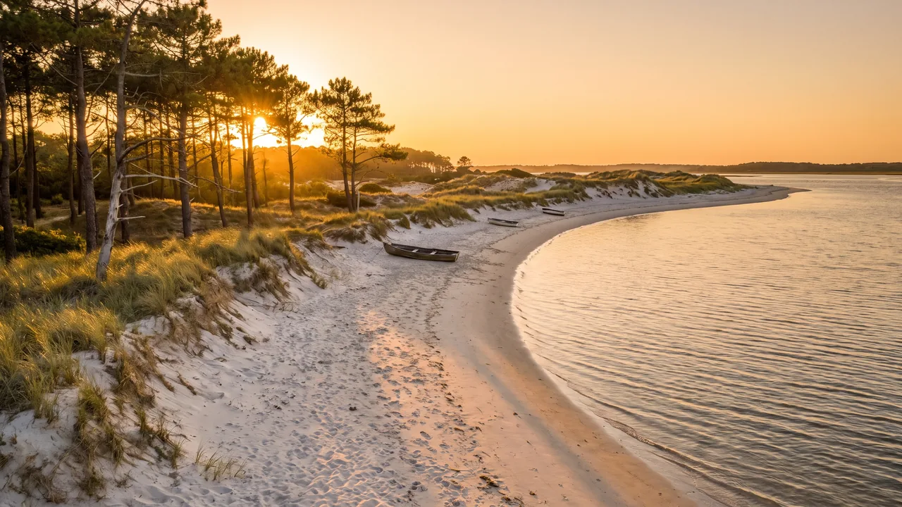 Playa de arena protegida junto al estuario en Verdon-sur-Mer al atardecer