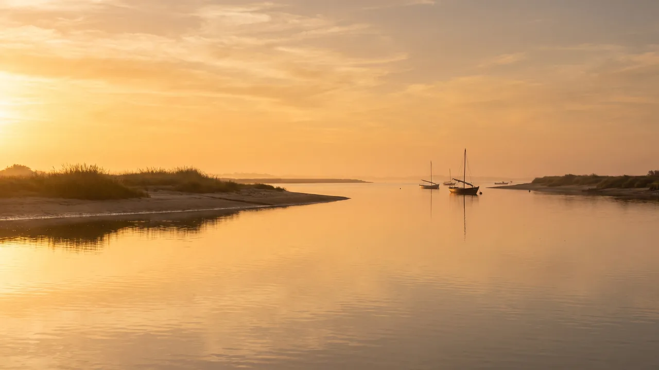 Puesta de sol anaranjada sobre el estuario de la Gironda, vista desde Le Verdon-sur-Mer