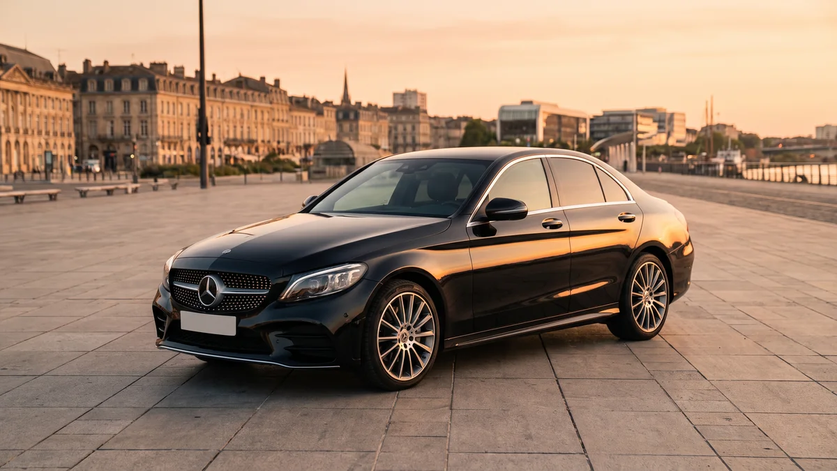 Sedán Mercedes Clase C de un conductor privado en Burdeos, con una carrocería impecable