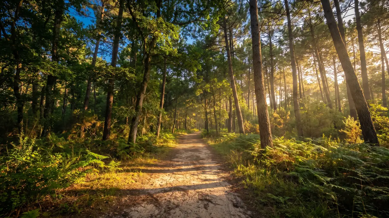 Un sendero forestal en un bosque de robles y pinos, con la luz dorada filtrándose entre los árboles sobre un camino de arena