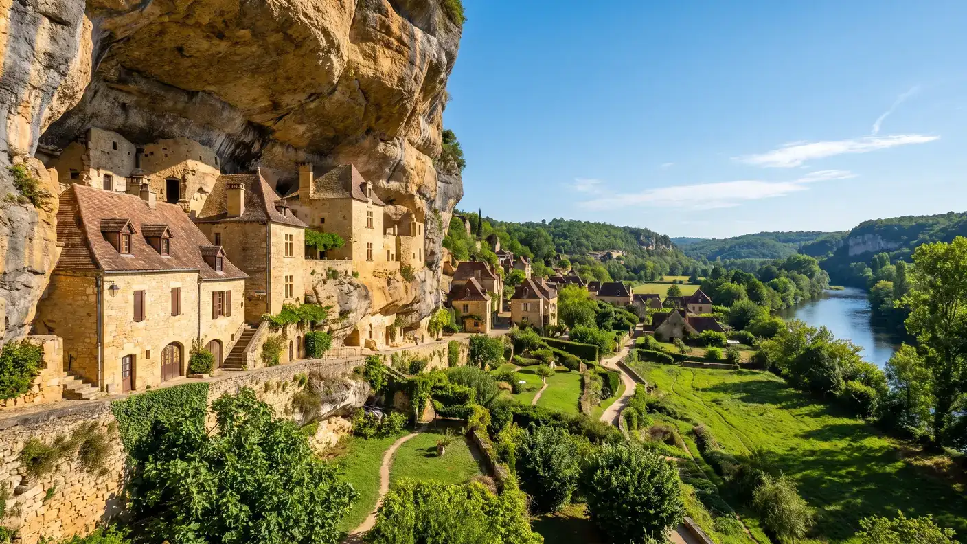 Le village des Eyzies sous sa falaise, capitale de la préhistoire, à 35 min de Saint-Amand-de-Coly