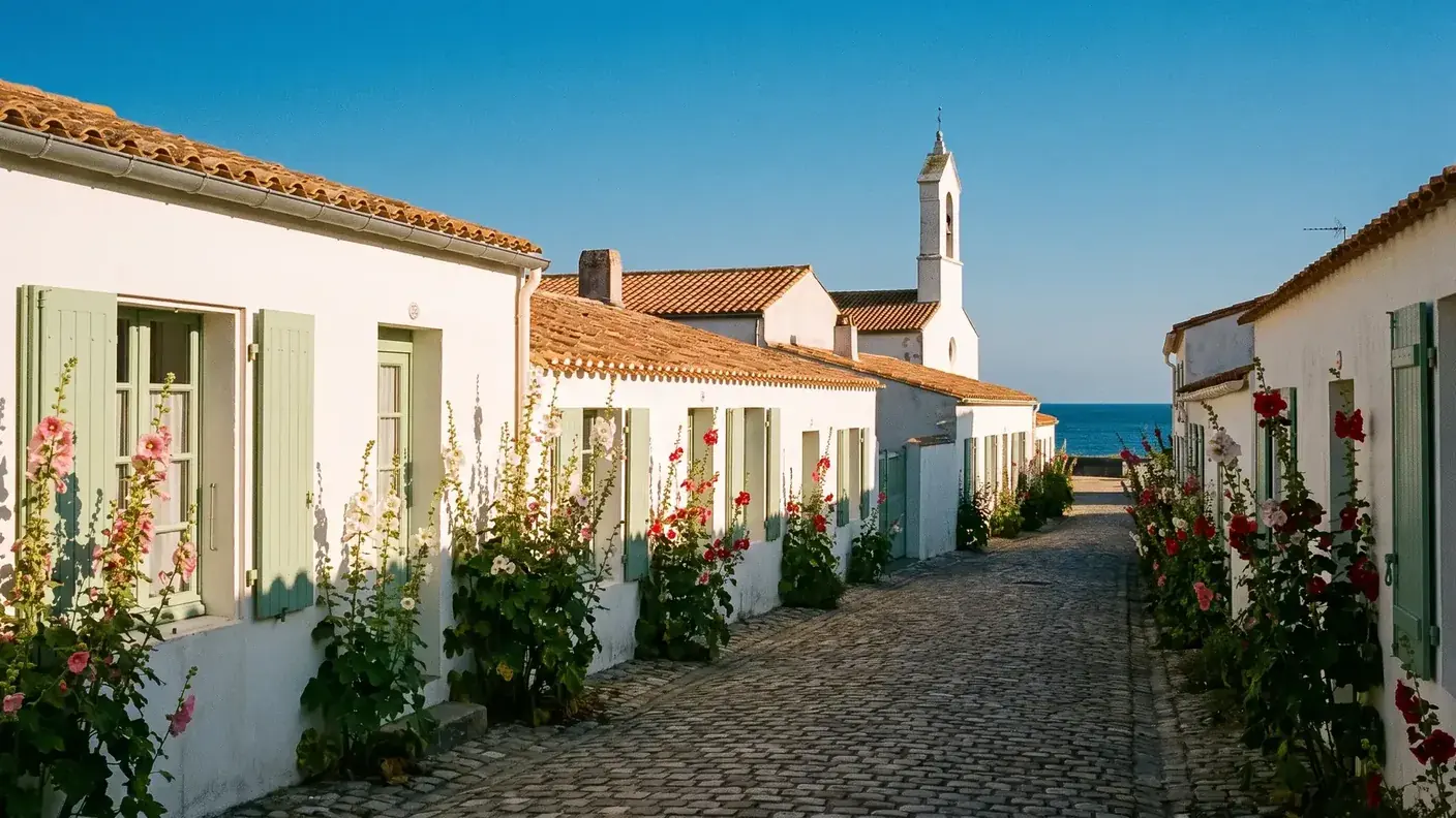 Una callejuela tranquila de un pueblo blanco en el extremo de la isla de Ré a la hora dorada