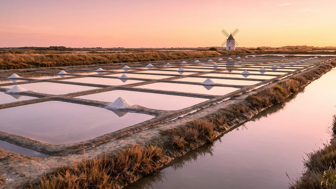 Las salinas del norte de la isla de Ré a la hora dorada, un mosaico geométrico de estanques poco profundos en los que se refleja el cielo