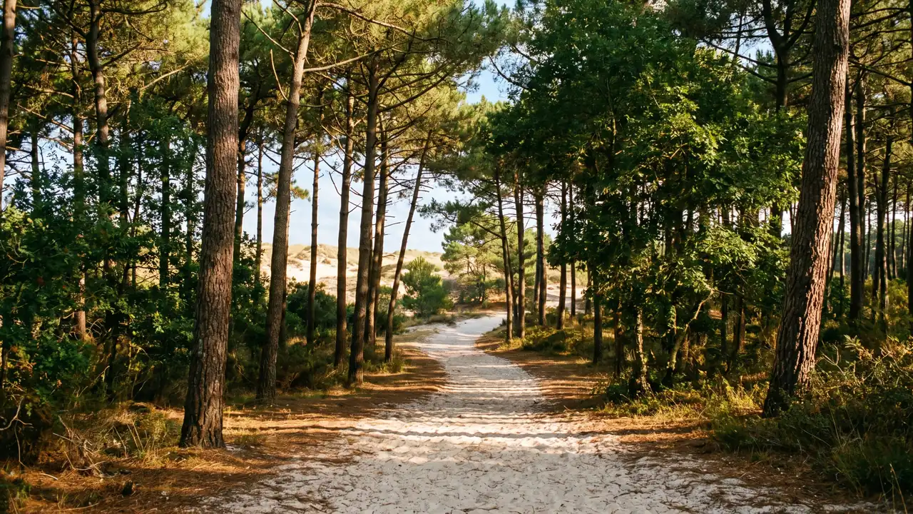 Un sendero de arena que serpentea a través del bosque de pinos marítimos y encinas en el extremo de la isla de Ré