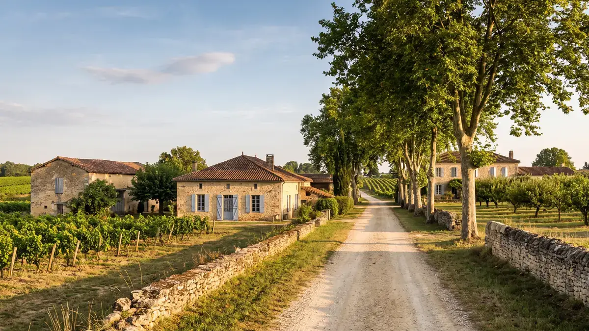 Camino entre granjas y huertos cerca de Lévignac-de-Guyenne