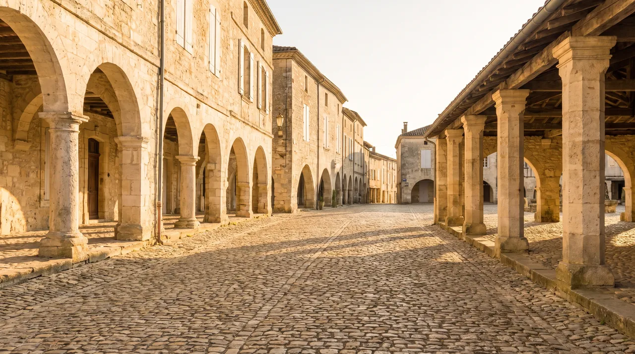 Gran plaza de una bastida en Libourne, rodeada de casas de piedra clara con arcadas y porches