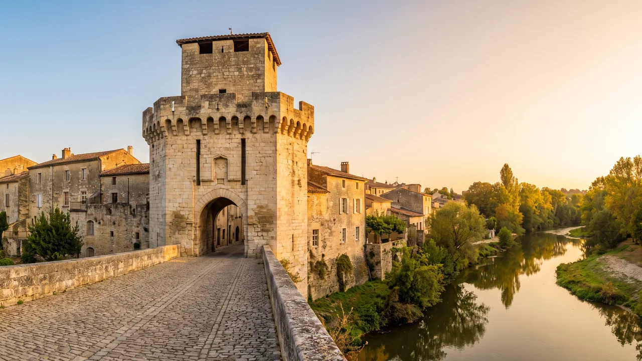 Antigua puerta medieval de la ciudad, de piedra clara, en Libourne