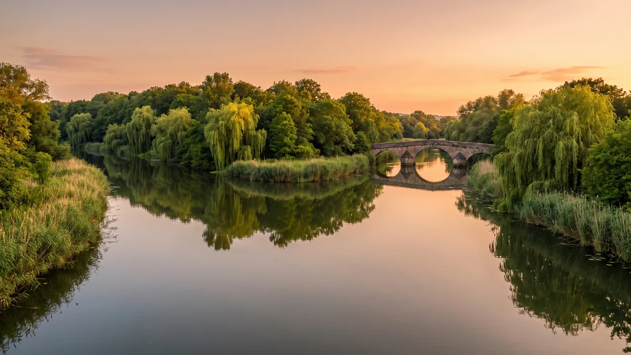 Tranquila confluencia de dos ríos apacibles que se unen entre orillas boscosas y verdes al atardecer