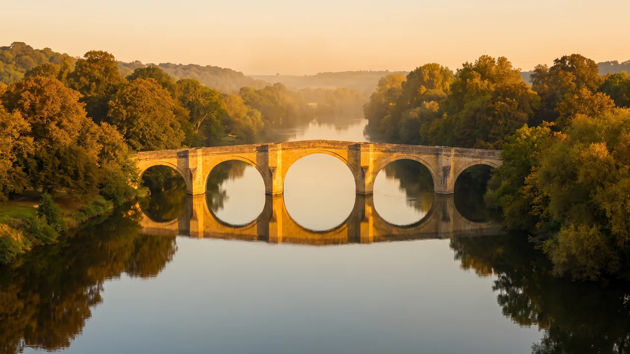 Elegante puente de piedra de varios arcos que cruza un río tranquilo en Libourne al atardecer
