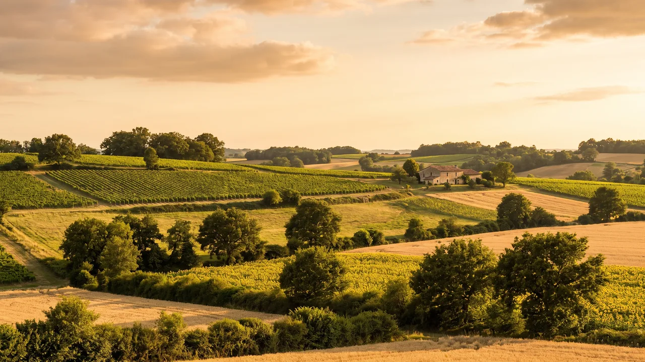 Campiña ondulada de la región de Libourne al atardecer, viñedos, campos