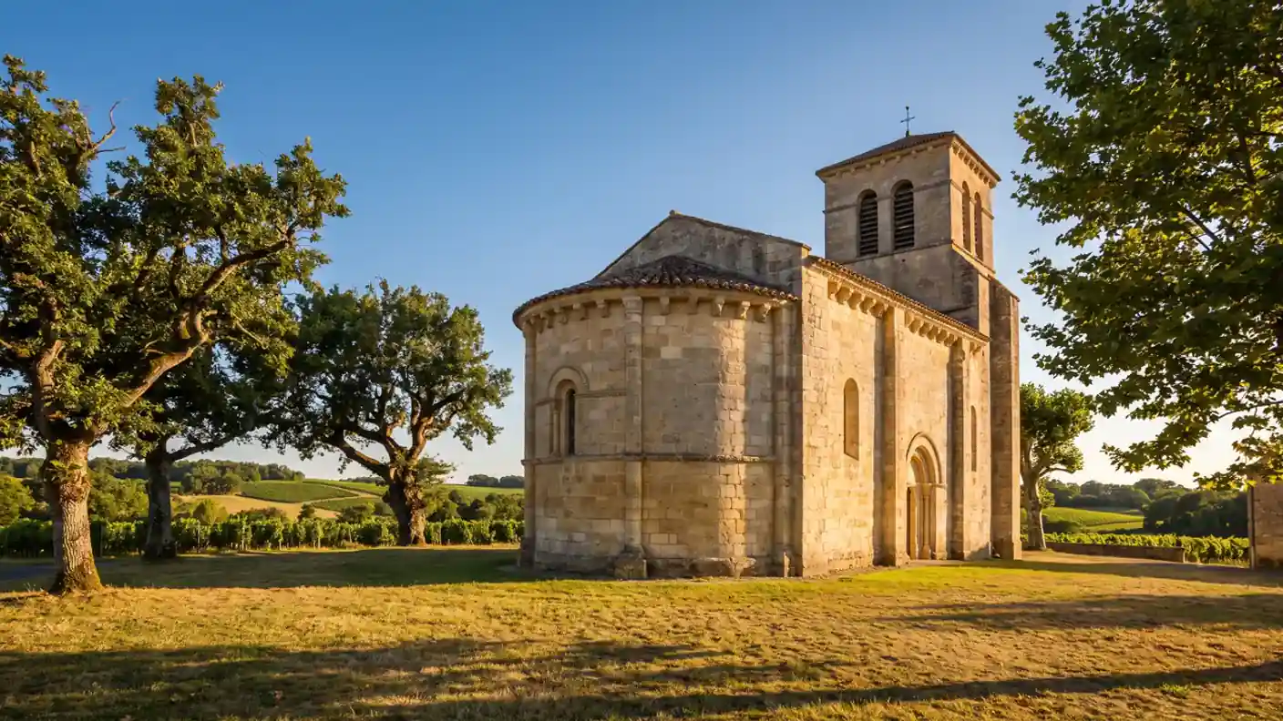 Pequeña iglesia románica de piedra clara con ábside redondeado y modillones esculpidos en Lignan-de-Bordeaux, luz cálida