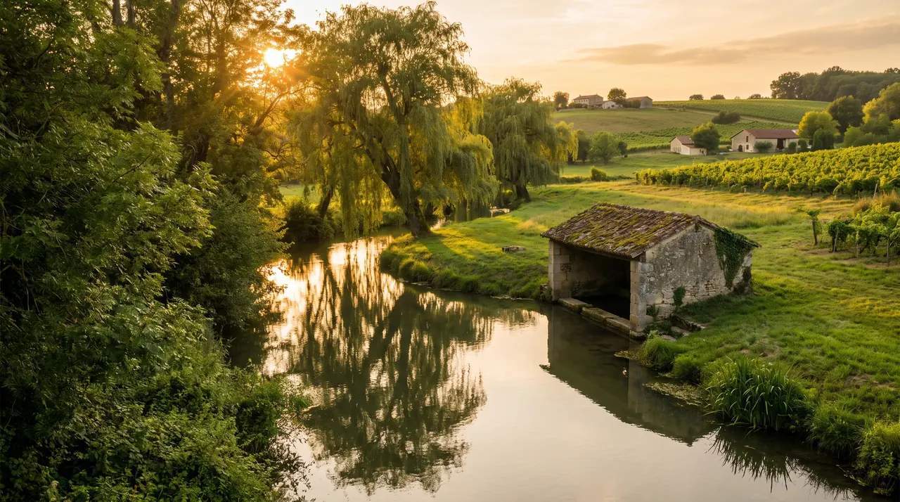 Arroyo arbolado que serpentea por un valle verde de Entre-deux-Mers, en Lignan-de-Bordeaux; antiguo lavadero de piedra