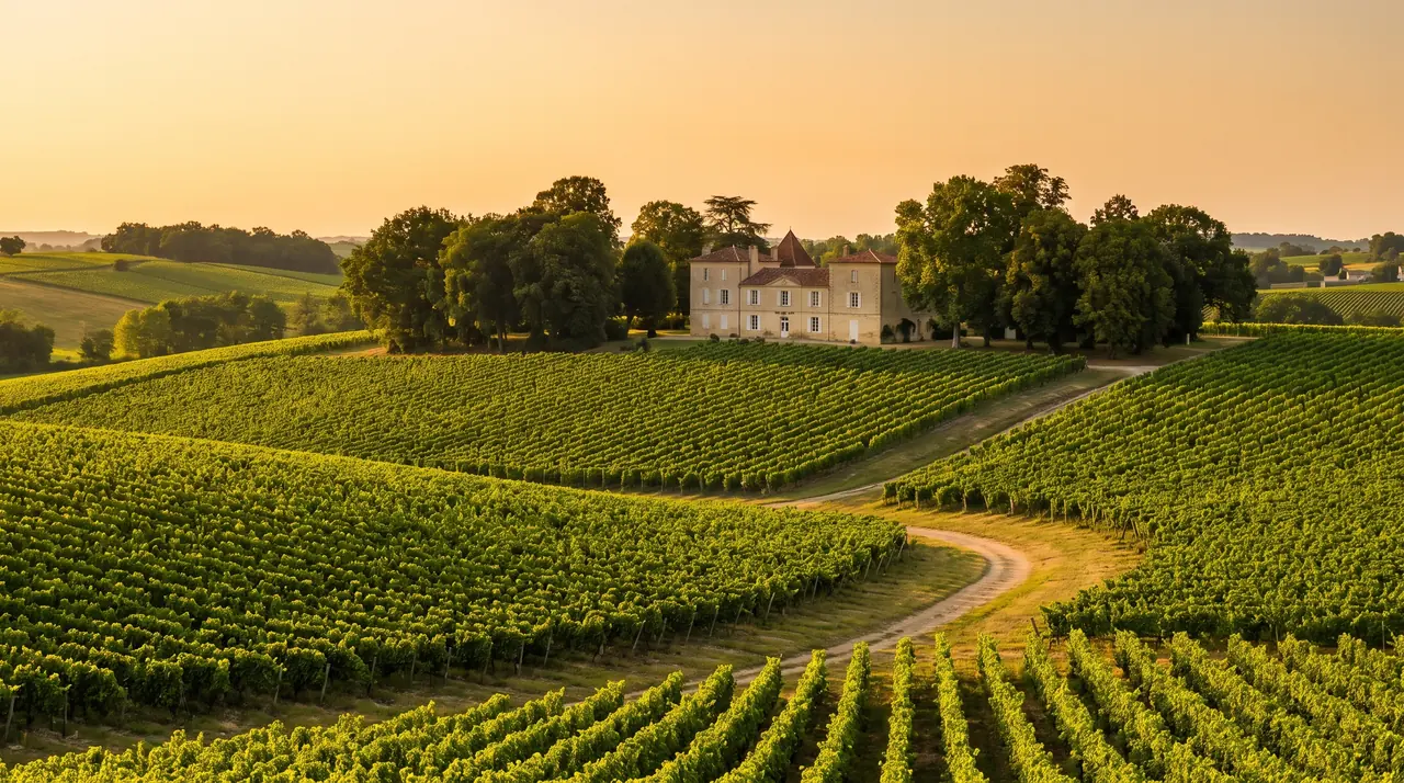 Filas de viñedos de Bordeaux Supérieur en suaves laderas cerca de Lignan-de-Bordeaux al atardecer, con un castillo a lo lejos