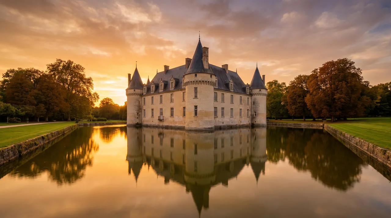 Antigua mansión de piedra clara con torretas, rodeada de un foso con agua, en Lignan-de-Bordeaux, con reflejos y luz dorada