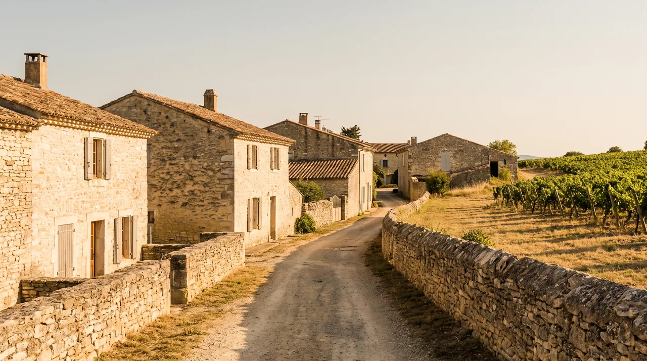 Callejuela tranquila de una aldea de piedra en Lignan-de-Bordeaux, casas luminosas con contraventanas al borde de un viñedo, luz cálida