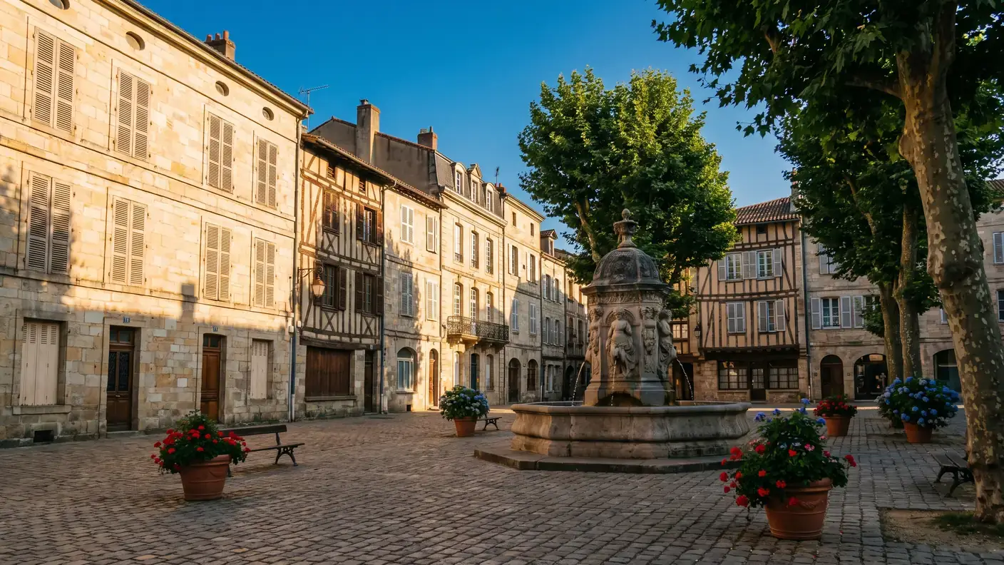 Plaza empedrada y casas antiguas en el centro histórico de Limoges