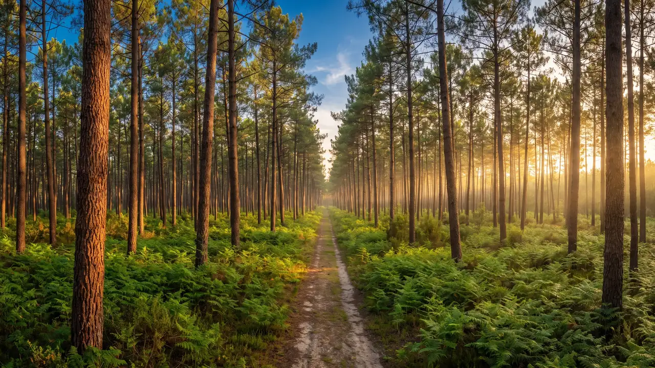 Un inmenso bosque de pinos marítimos que se alzan erguidos sobre un tapiz de helechos, con un sendero arenoso que se extiende hacia el horizonte
