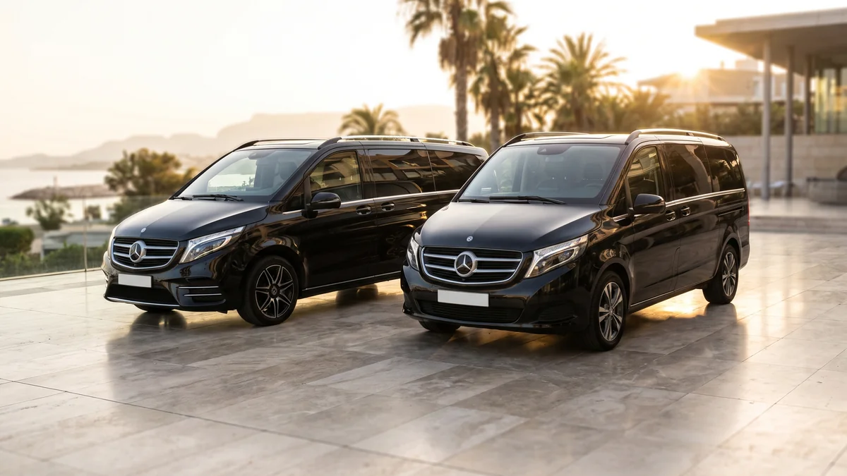 A fleet of chauffeur-driven vans, including economy vans and Mercedes vans, in Bordeaux