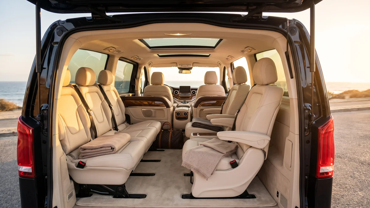 Interior of a van with a driver, featuring a bench seat and individual leather seats