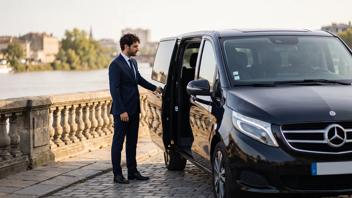 A driver opening the sliding door of a charter van for a group in Bordeaux
