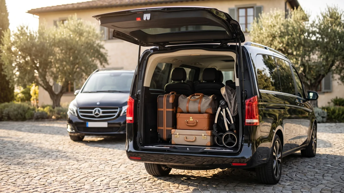 The separate cargo area of a van with a driver, filled with suitcases and various pieces of luggage