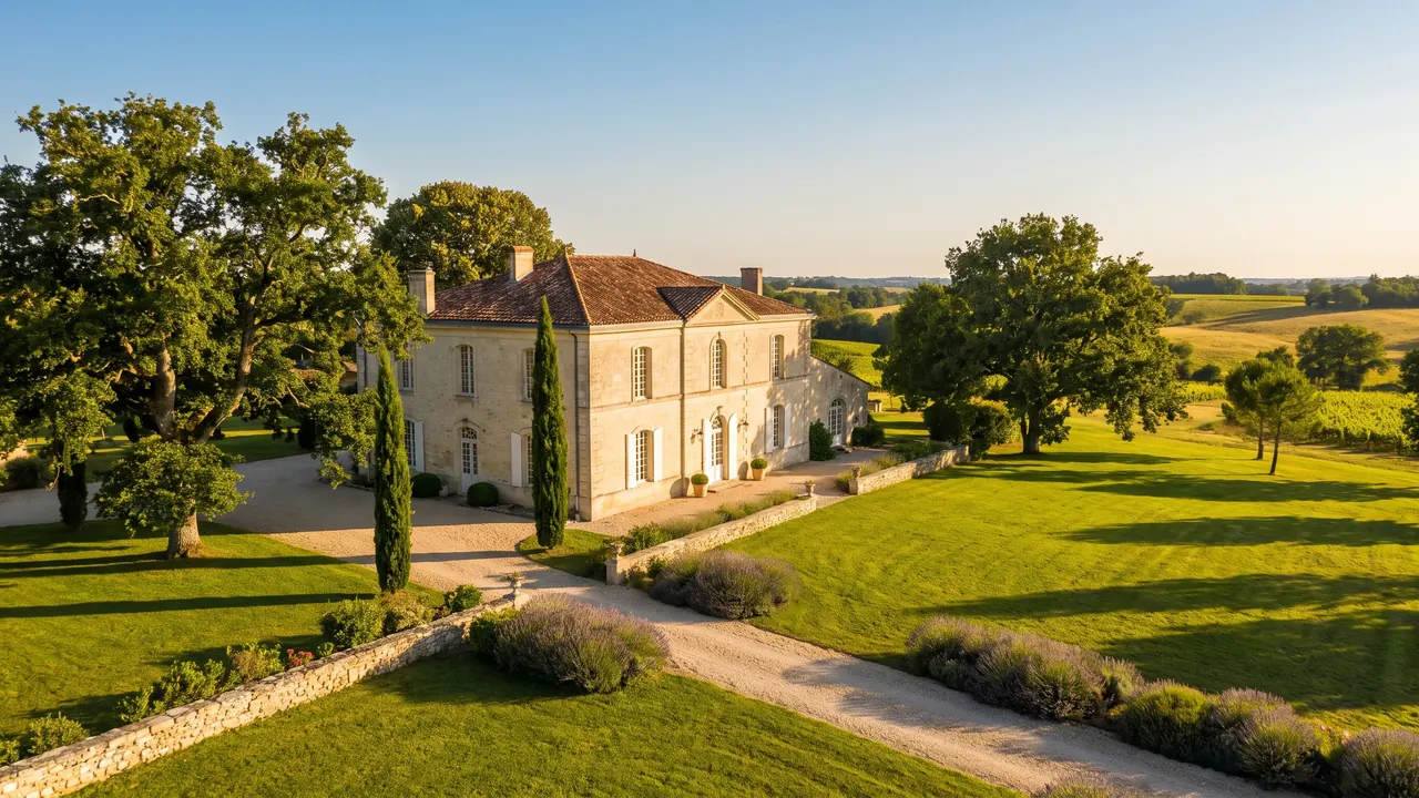 Una elegante mansión de la Charente, construida en piedra caliza clara, con tejado de tejas y ventanas altas