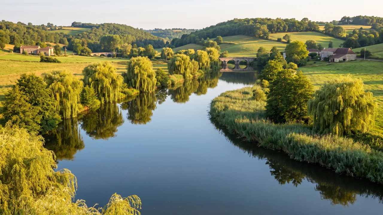 El río Dronne, que serpentea por un valle verde del sur de Charente, con sus aguas tranquilas y resplandecientes