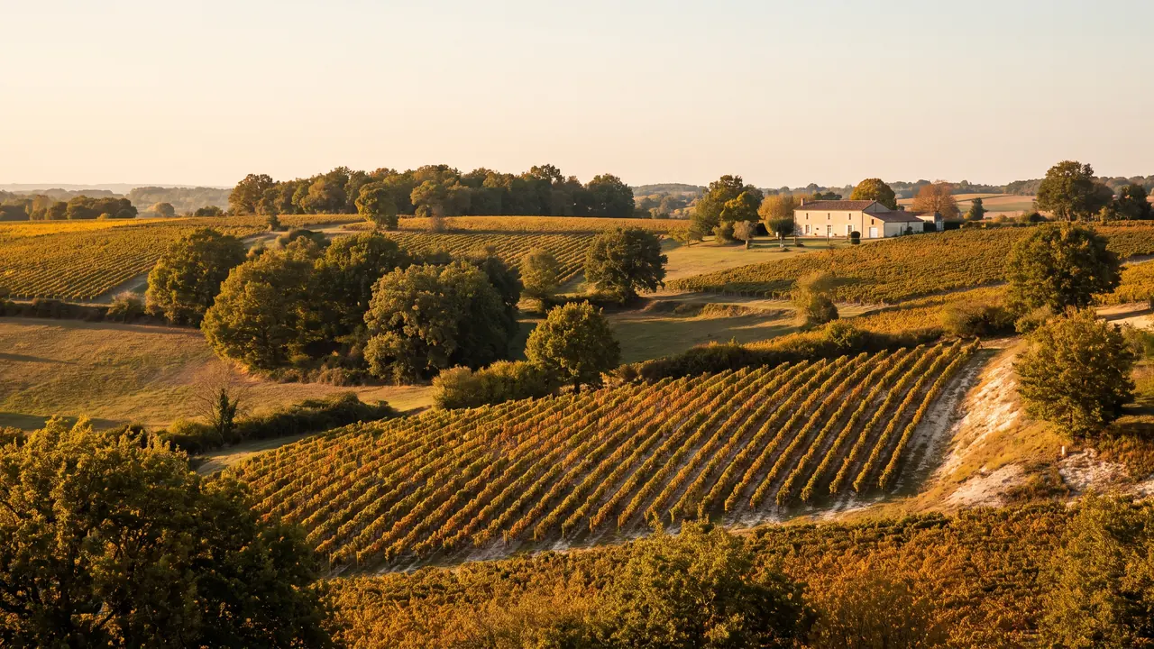 Viñedos de coñac que se extienden ondulados por las laderas calcáreas de la Charente, con hileras perfectamente alineadas en suaves pendientes