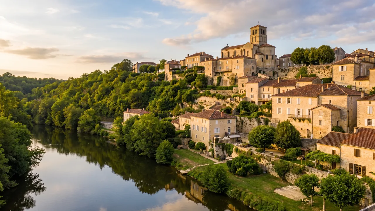 El pueblo de piedra blanca de Aubeterre-sur-Dronne, escalonado en la ladera de la colina