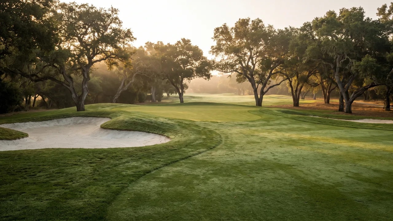 Un green de golf y su fairway rodeados de grandes robles, un bunker de arena de forma curva