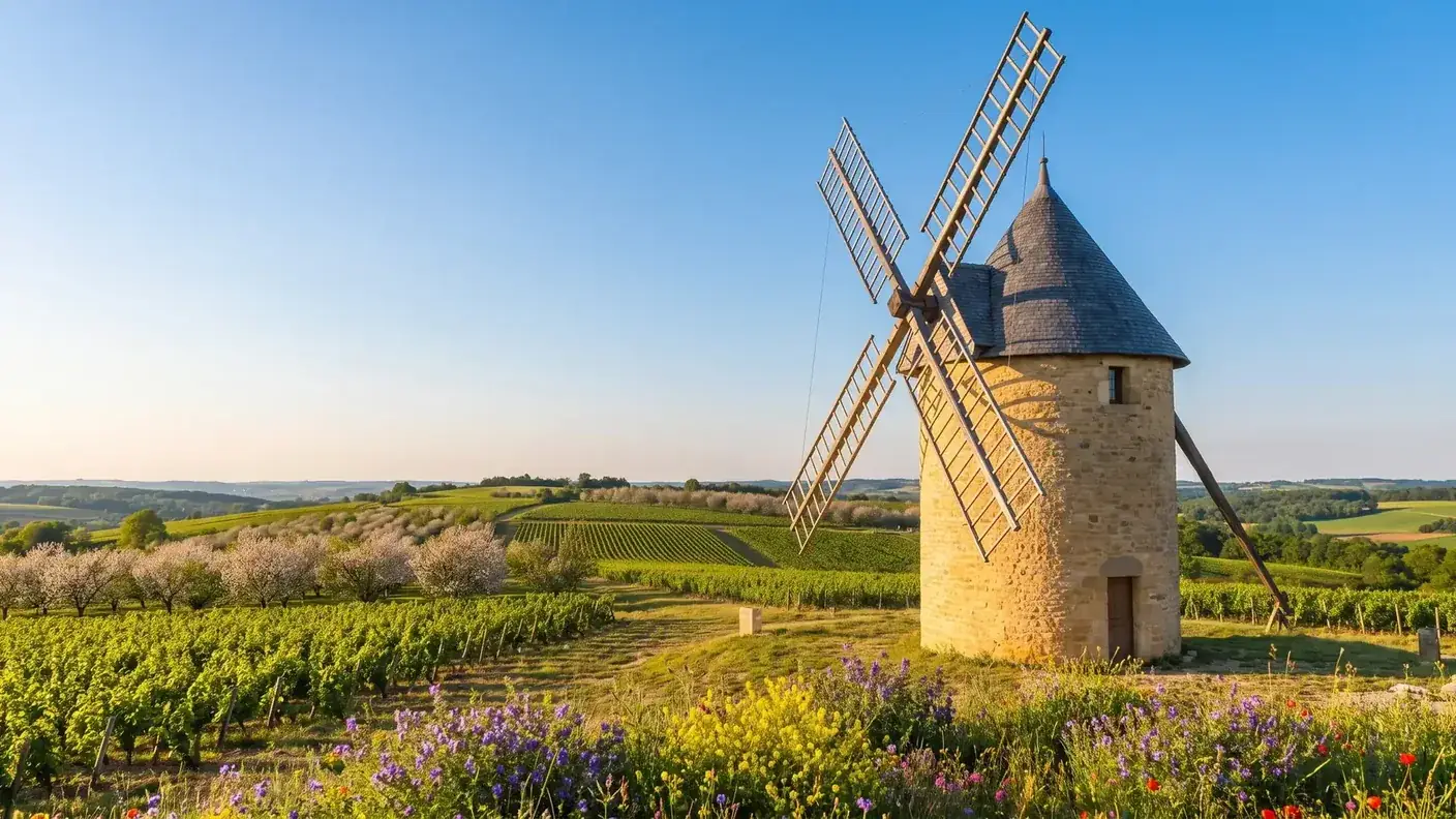 Molino de piedra en medio de los viñedos de las Côtes de Duras
