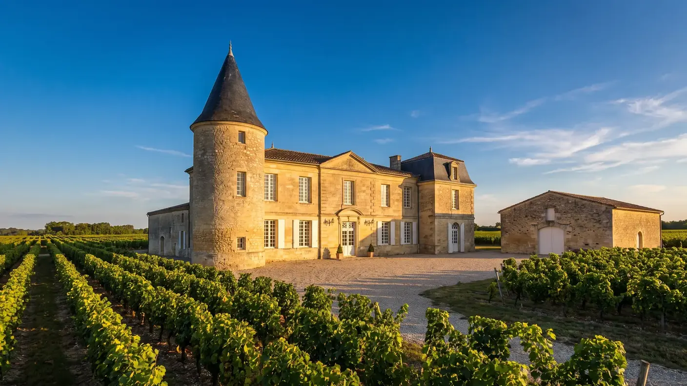 Castillo vitícola de piedra en medio de los viñedos de Lussac