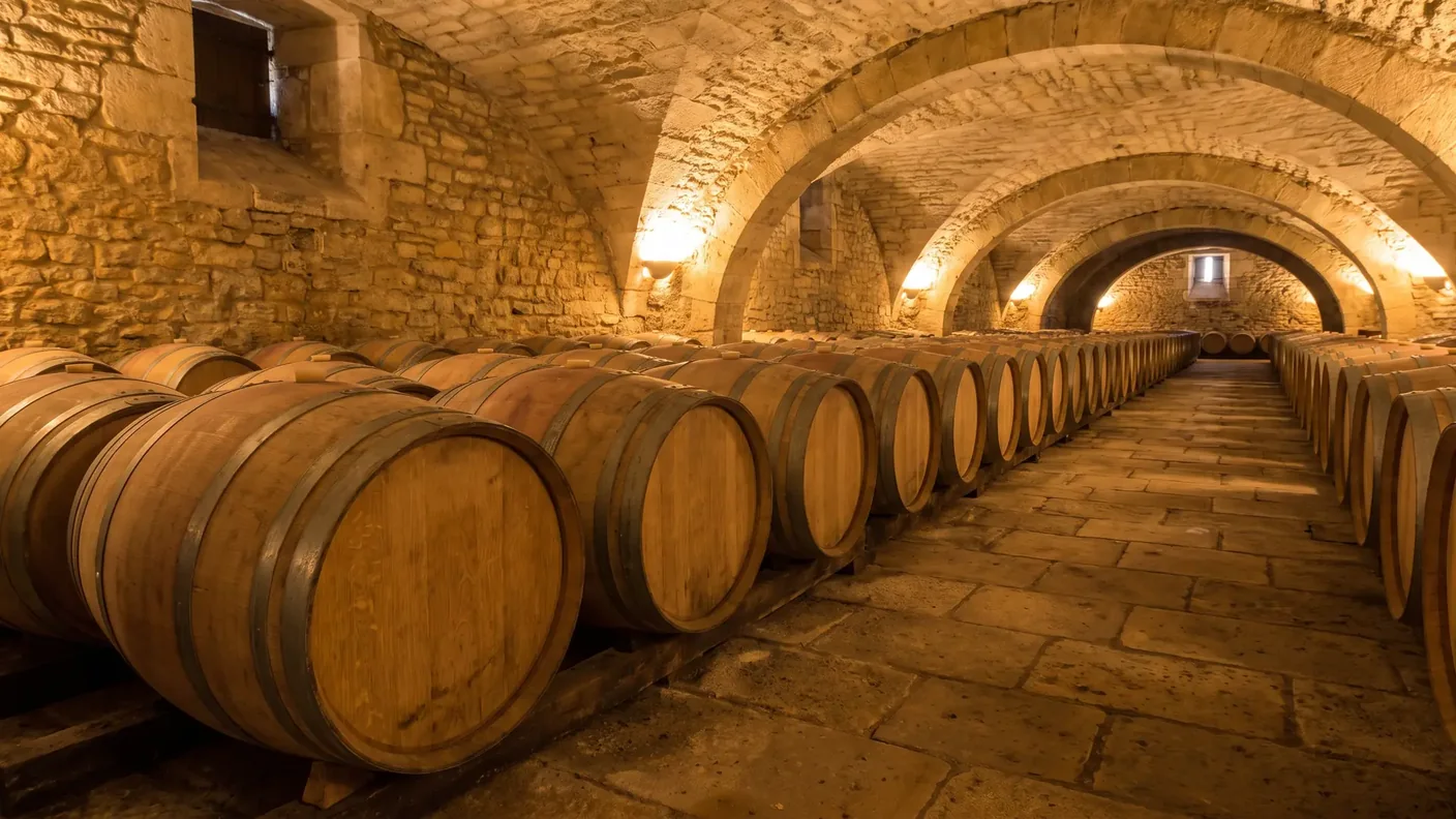Barricas de roble en una bodega abovedada de la región de Libourne