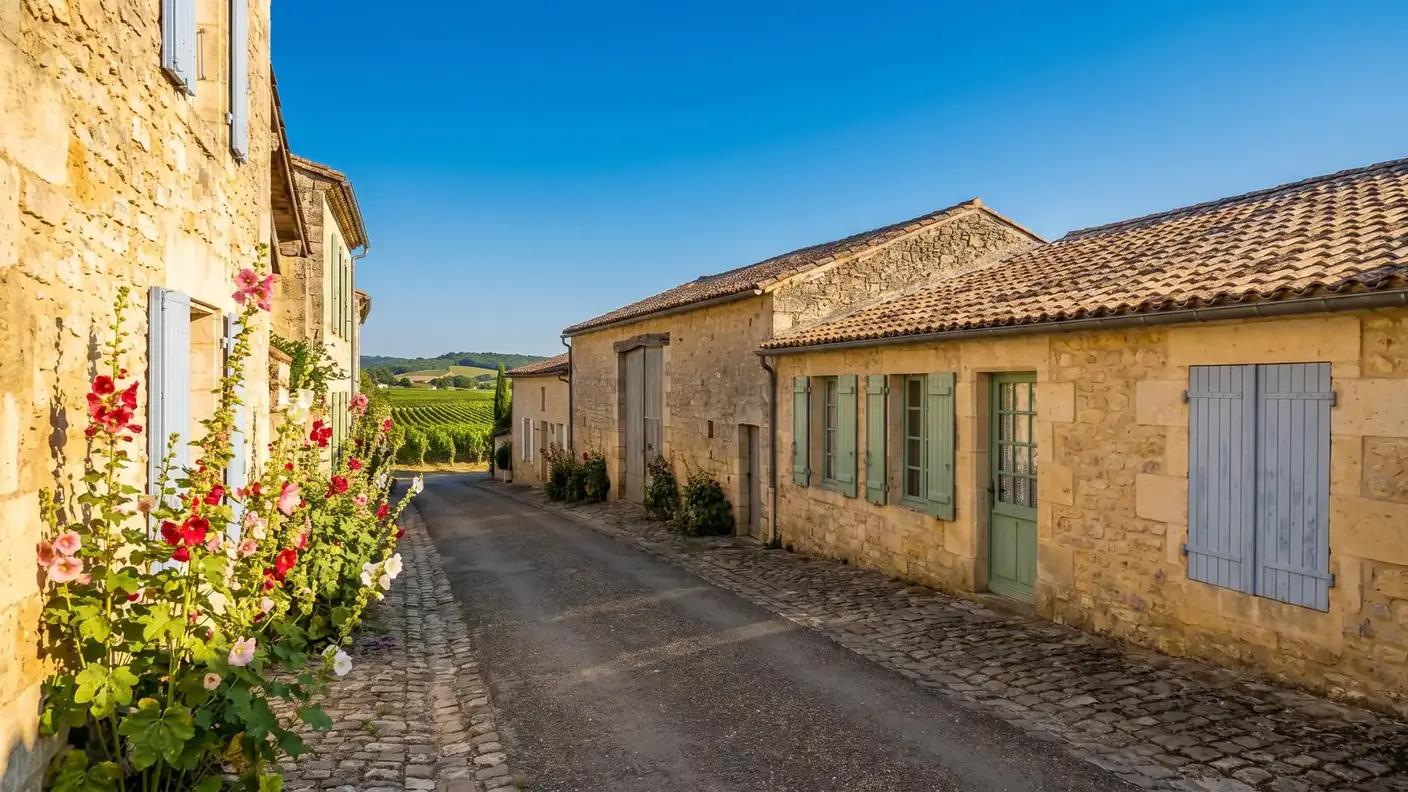 Aldea vinícola de piedra y malvas reales cerca de Lussac