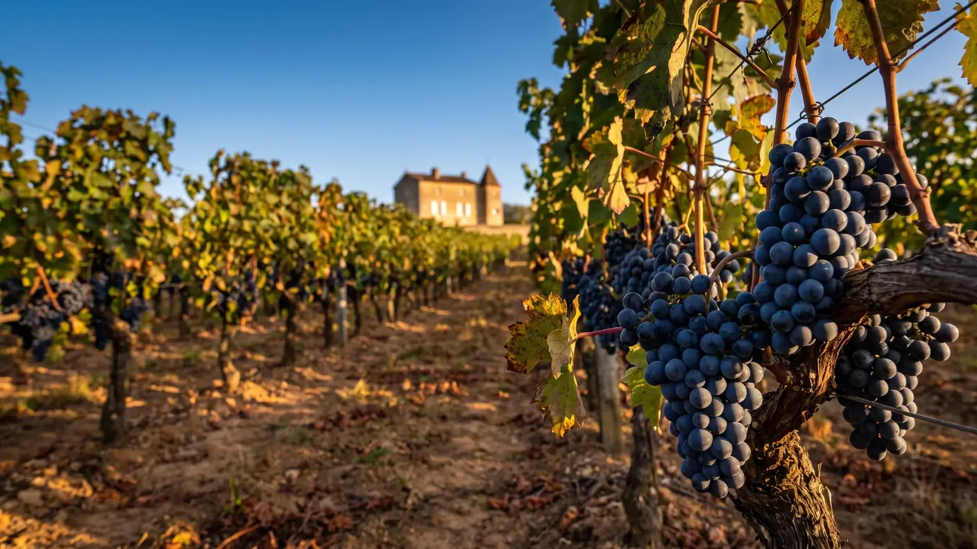 Racimos de merlot maduros en el viñedo de Lussac