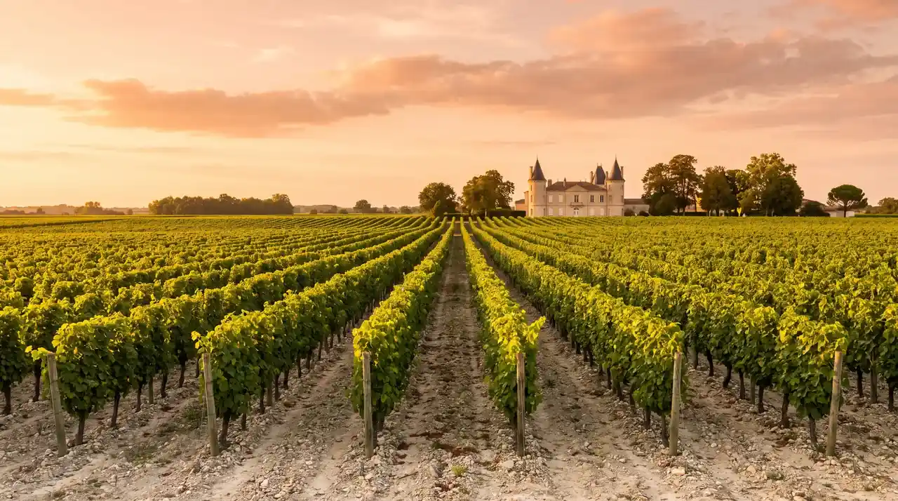 Filas de viñedos sobre un suelo de grava clara en la denominación Margaux al atardecer, con un castillo de piedra a lo lejos