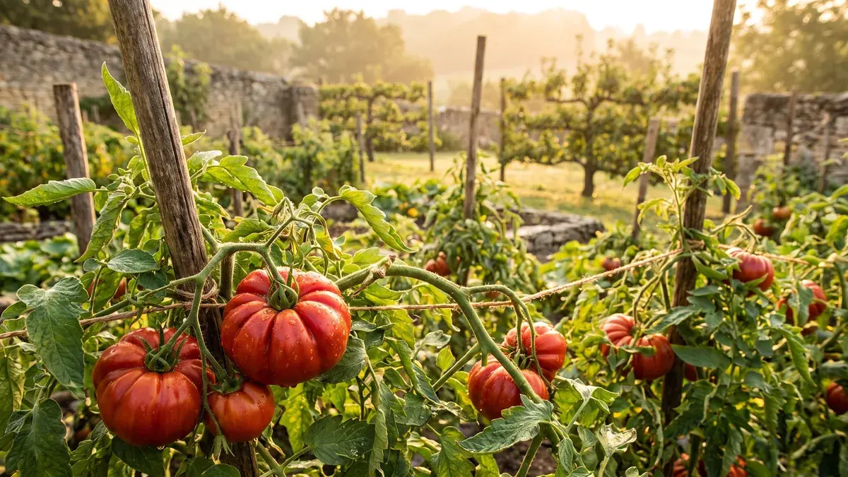 Tomates rojos y acanalados de la variedad Marmande en un huerto