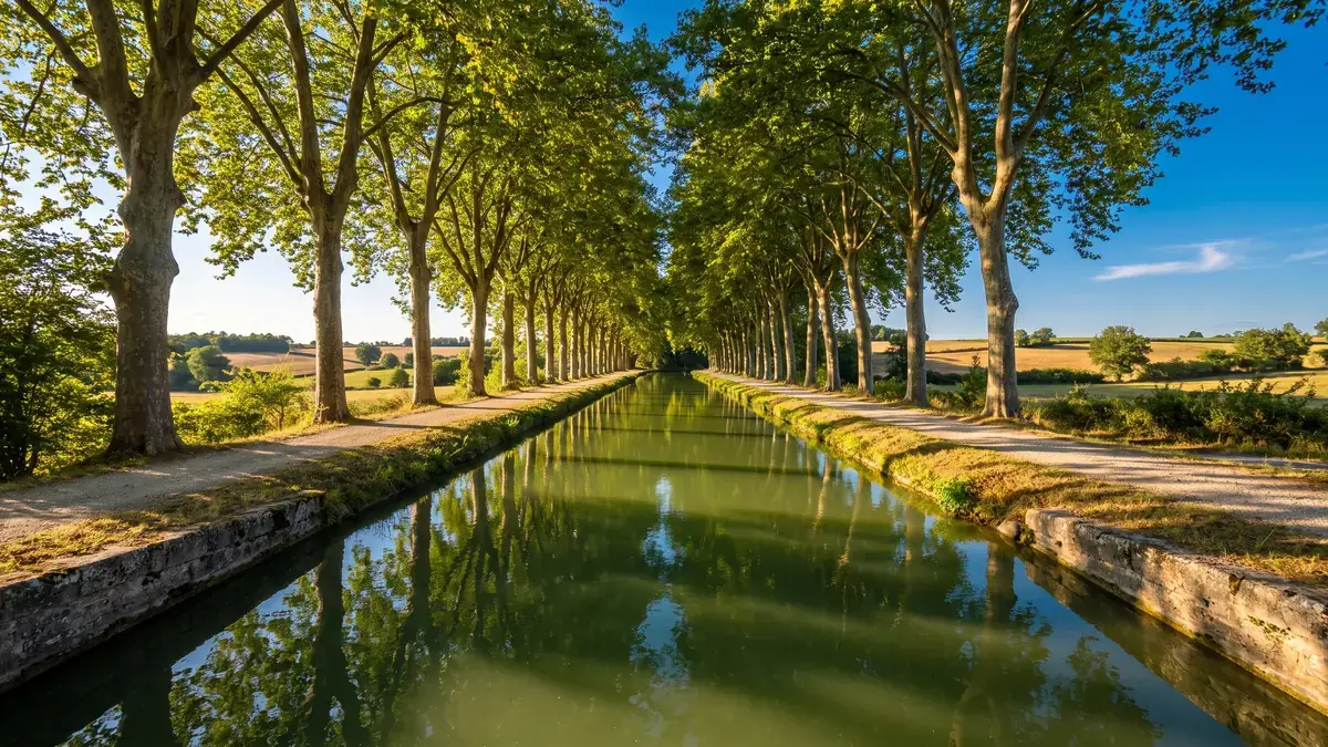 El canal lateral del Garona, bordeado de plátanos, cerca de Marmande, etapa de un día hacia Tonneins