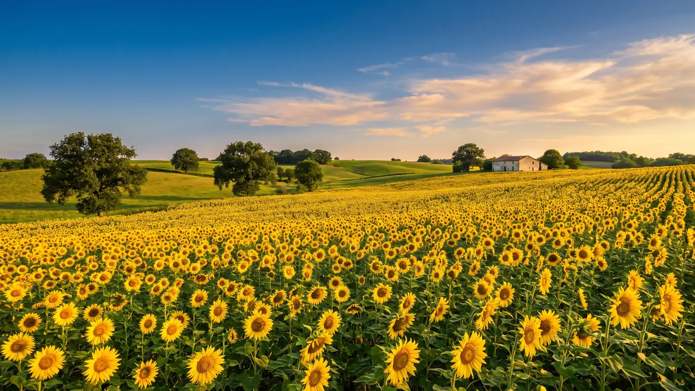 Campo de girasoles en las colinas agrícolas del Gers en verano