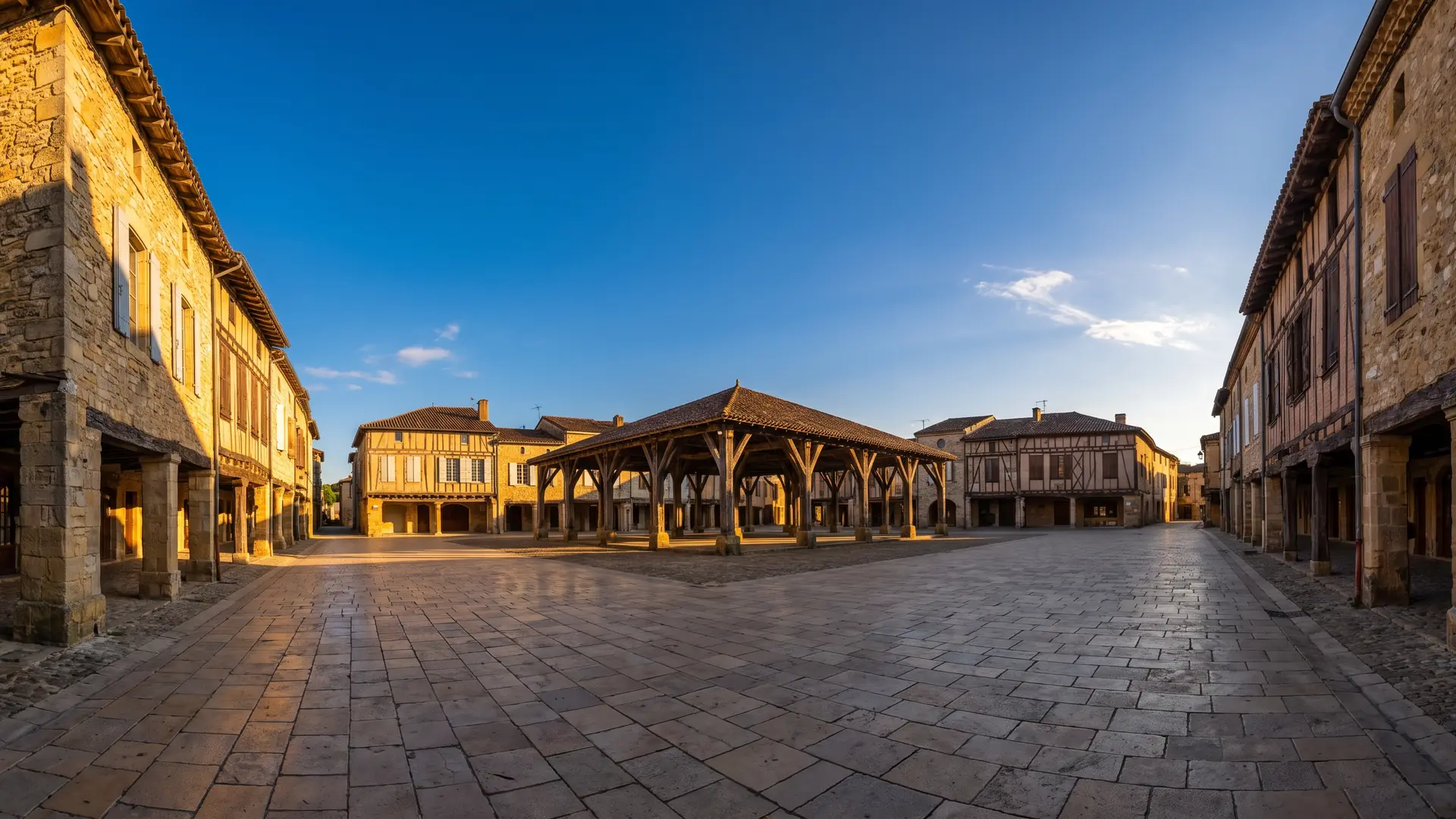 Plaza con arcadas de una bastida gascona, con casas de piedra y un mercado cubierto