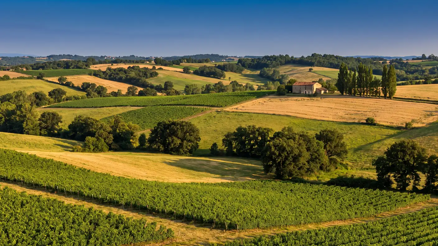 Las laderas del Gers, con viñedos, campos, praderas, bosquecillos y una granja aislada
