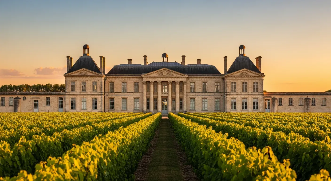 Château Margaux en el Médoc, con arquitectura neoclásica del siglo XVIII y un camino flanqueado por cipreses