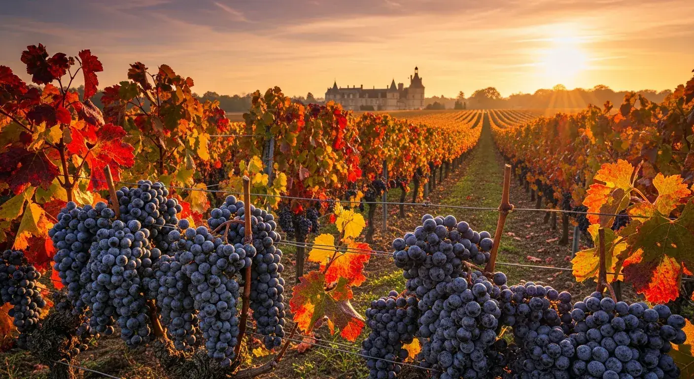 Vendimia de otoño en Pauillac (Médoc), con viñas rojizas y racimos de uva listos para la cosecha